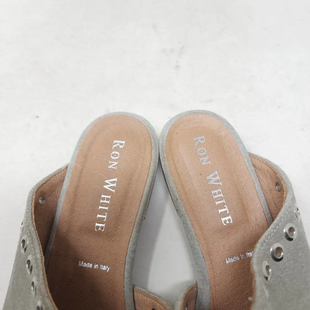 Ron White Womens Sandals Stone Gray Suede Leather Grommet Slides Shoes Sz 38 7.5